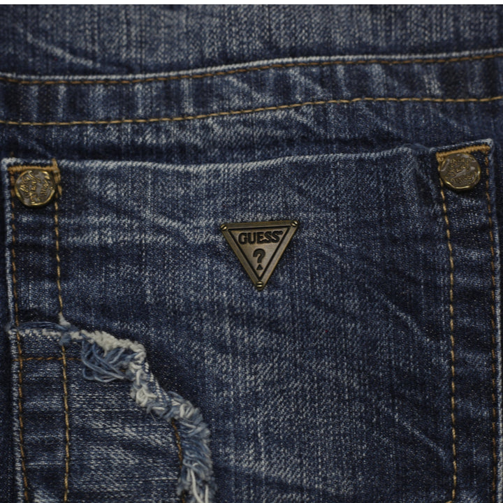 Y2K Ladies Guess Jeans Skirt Blue Denim Distressed Style Size 27