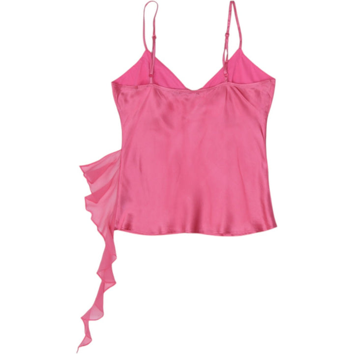 Y2K Ladies Arden B. 100% Silk Beaded Cami Top with Asymmetric Side Ruffle Pink L
