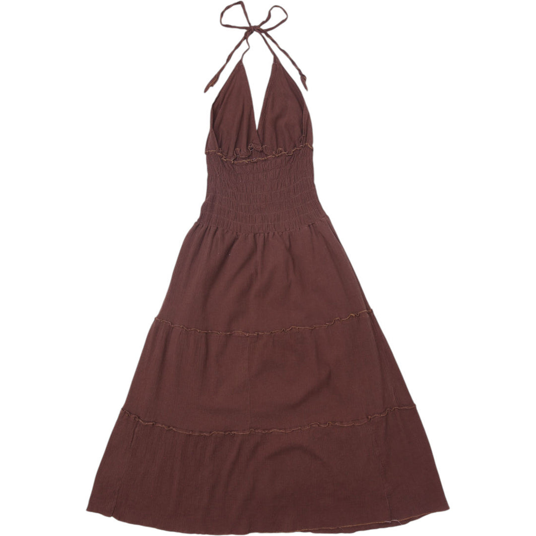 Y2K Ladies Plunging V-Neck Embroidered Halter Maxi Dress