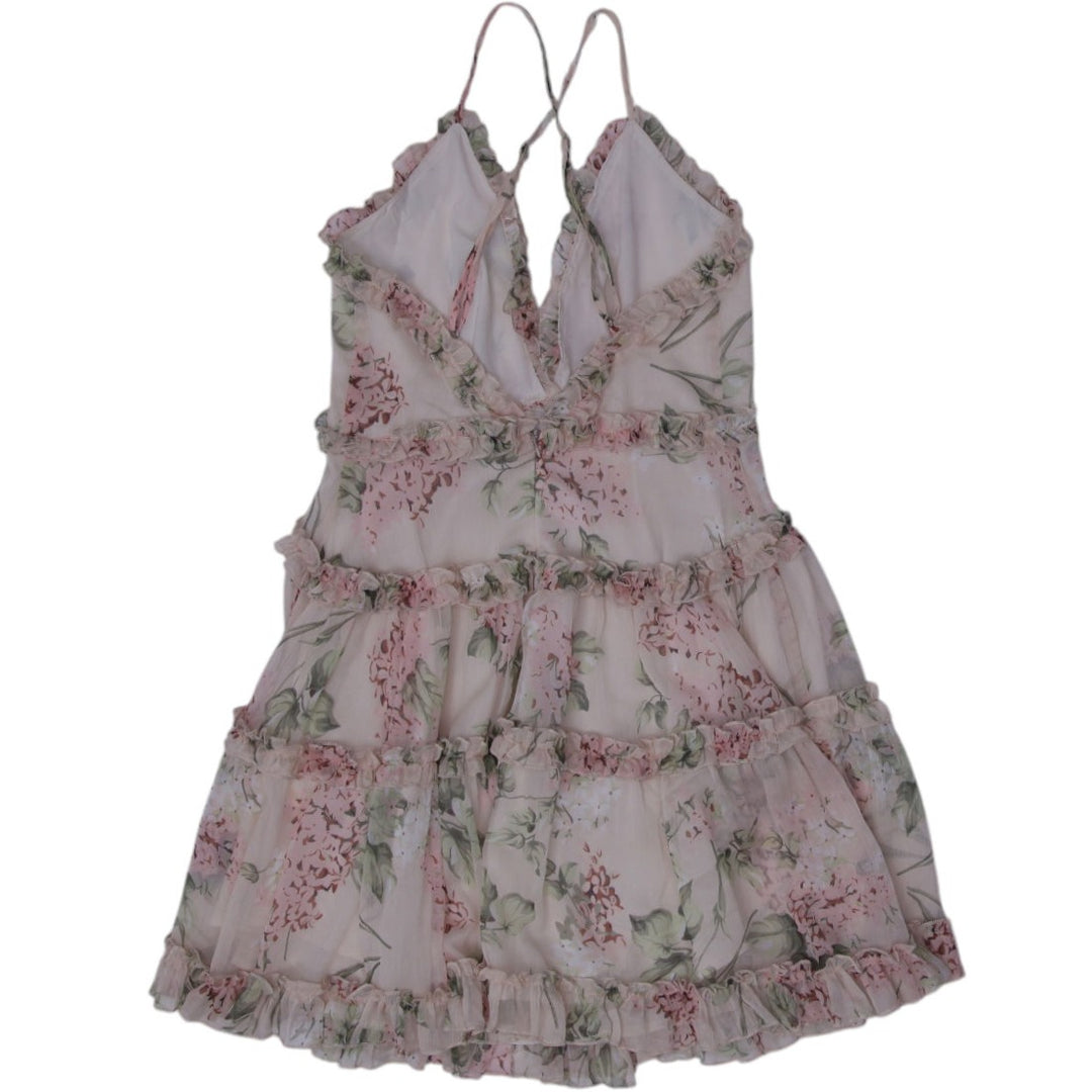 Y2K Ladies Ruffle Sleeveless Cream Floral Mini Dress Size M | Migration_Dresses - Side View | Fashion Rerun