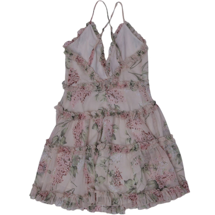 Y2K Ladies Ruffle Sleeveless Cream Floral Mini Dress Size M | Migration_Dresses - Side View | Fashion Rerun