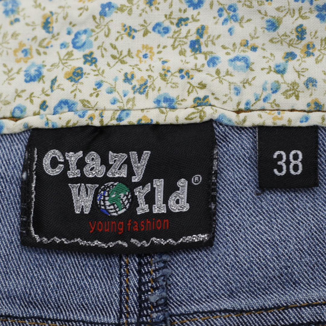 Y2K Ladies Crazy World Denim Midi Skirt Floral Waistband Pleated Size 38