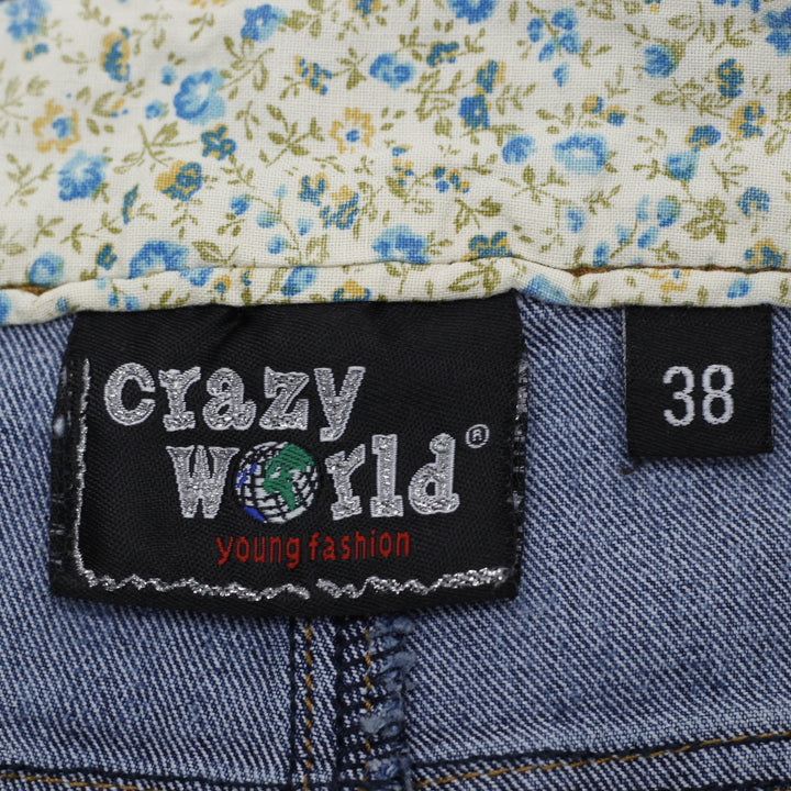Y2K Ladies Crazy World Denim Midi Skirt Floral Waistband Pleated Size 38