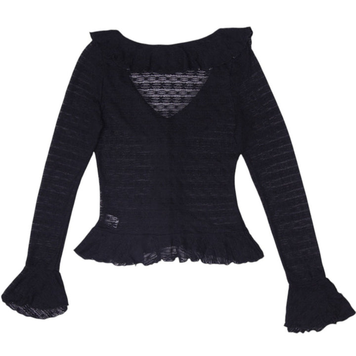 Y2K Ladies GLG Good Luck Gem Black Sheer Lace Ruffled Tie-Front Long Sleeve Top