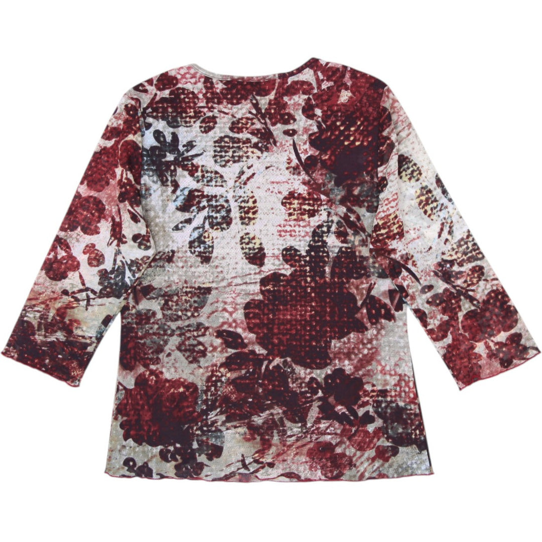 Y2K Ladies Allison Daley Burgundy Floral Mesh 3/4-Sleeve Lined Top Size S