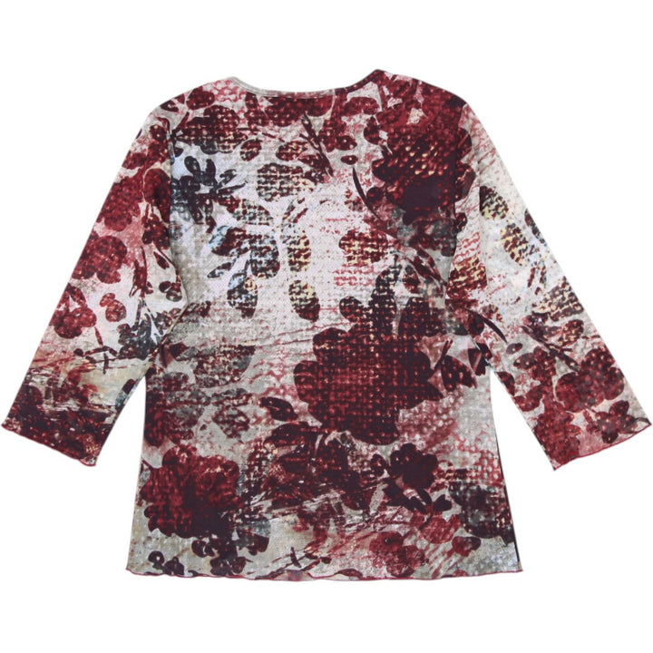 Y2K Ladies Allison Daley Burgundy Floral Mesh 3/4-Sleeve Lined Top Size S