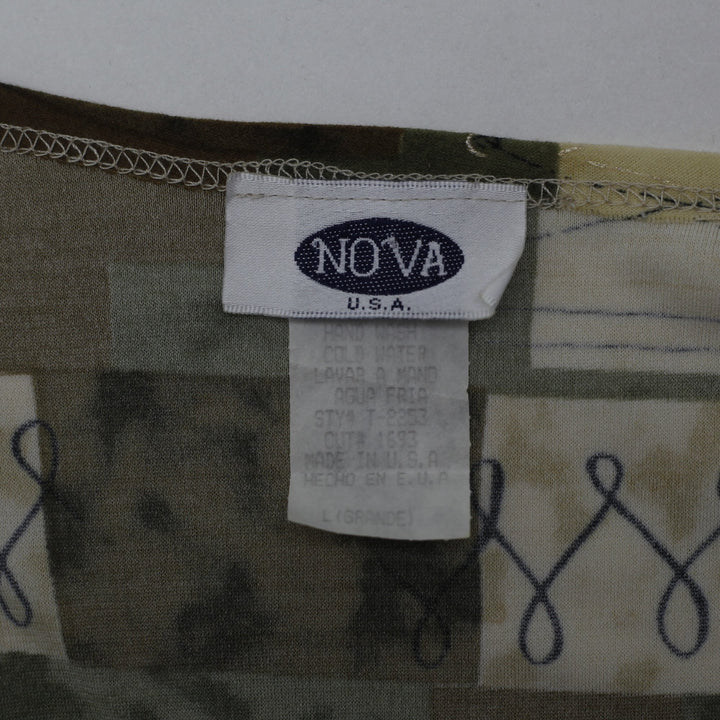 Y2K Ladies Nova Earth Tone Patchwork V-Neck Top Size L Made in USA