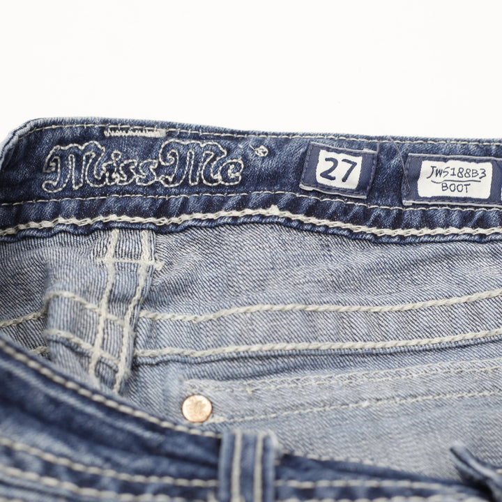 Y2K Ladies Miss Me JW5188B3 Bootcut Jeans Distressed Blue Rhinestone