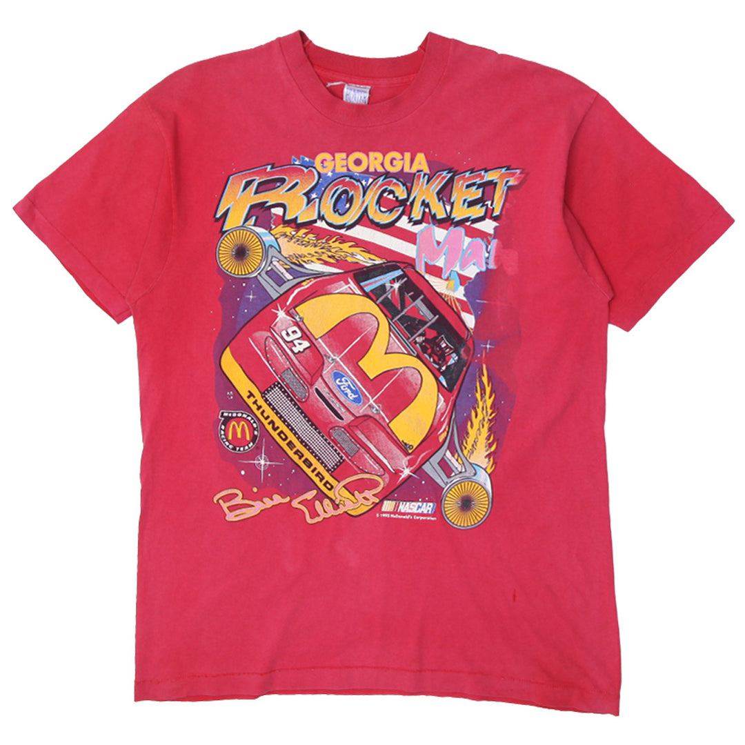 Vintage Hunter Sportswear 90s Bill Elliott Georgia Rocket Man NASCAR McDonald's T-Shirt with bold racing graphics and retro design