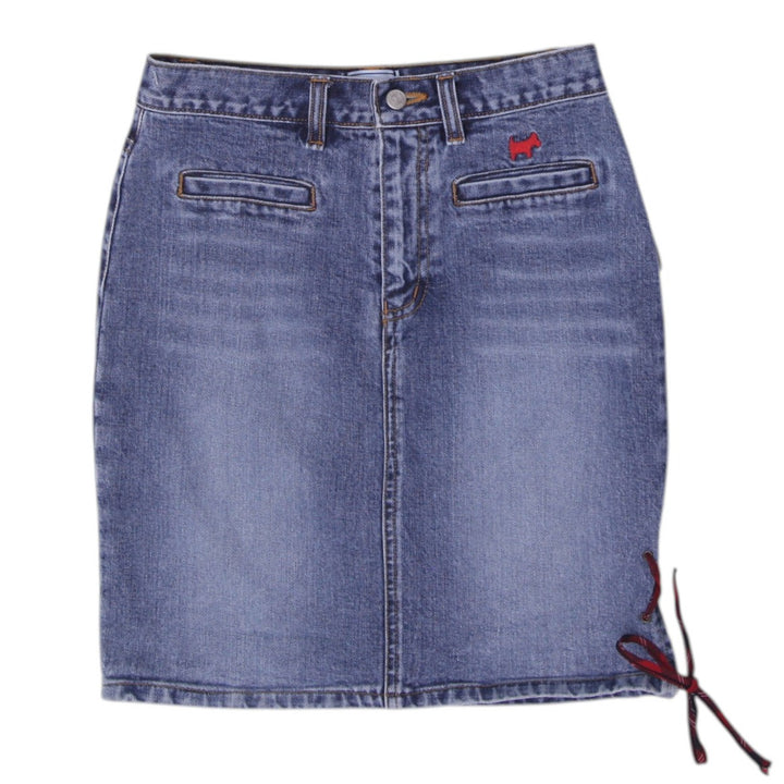 Y2K Ladies Scottish House Denim Mini Lace Up Side Ribbon Skirt Size S
