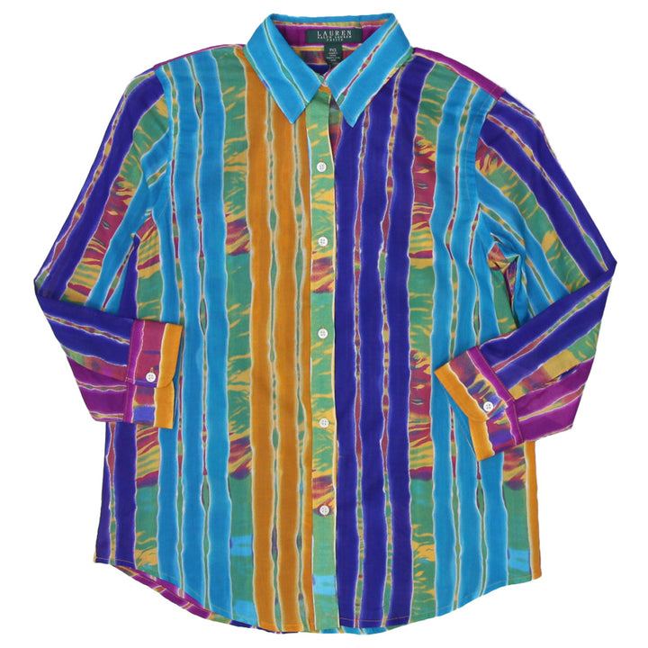 Ladies Ralph Lauren Button-Up Blouse Tie Dye Stripe Cotton Colorful Coastal