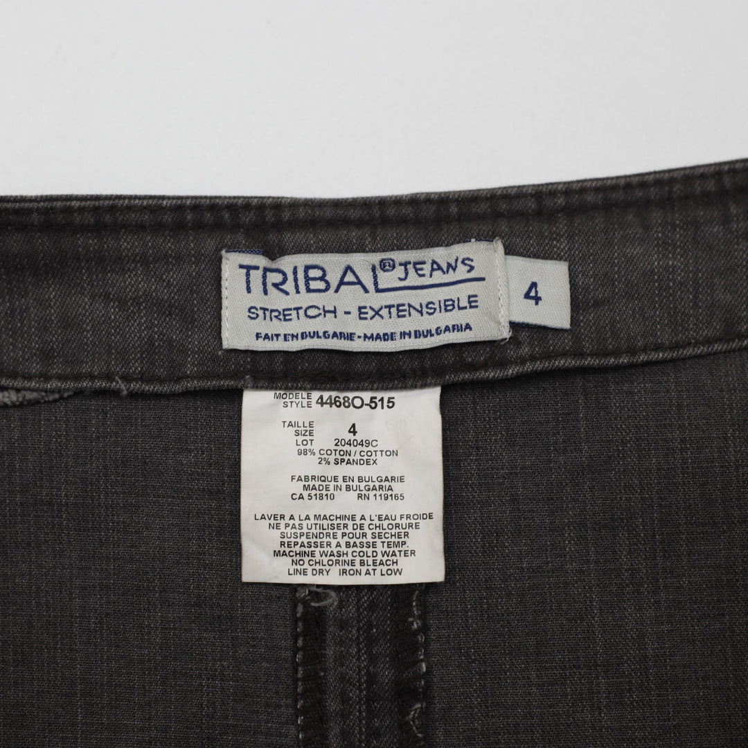 Y2K Ladies Tribal Jeans Paneled A-Line Stretch Denim Skirt Dark Grey Size 4