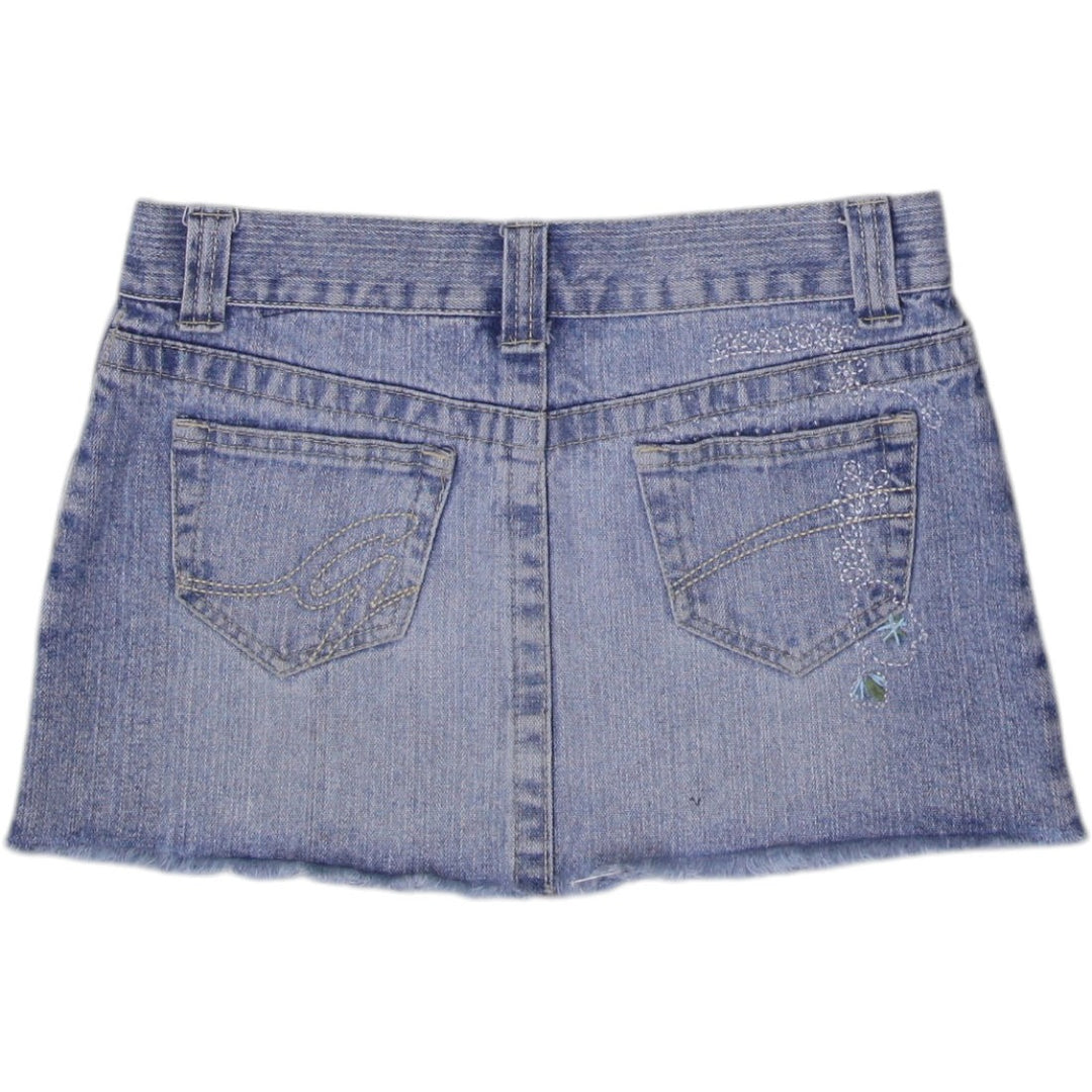 Y2K Ladies Distressed Embellished Blue Denim Mini Skirt Size 1 | Migration_Skirts - Side View | Fashion Rerun