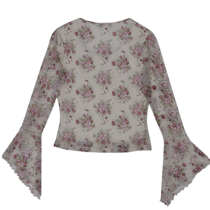 Y2K Ladies Floral Mesh Bell-Sleeve Top Size S