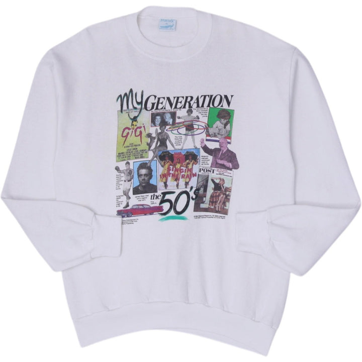 Vintage "My Generation" 1950s Newspaper Graphics White Crewneck Sweatshirt XL | Migration_Sweatshirt | Fashion Rerun