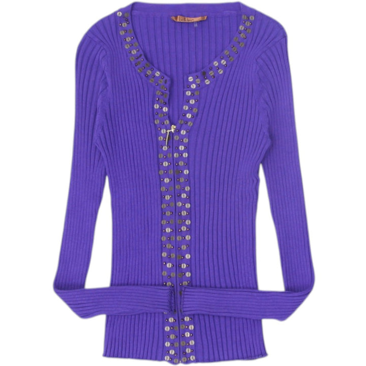 Y2K Ladies Purple Ribbed Long-Sleeve Embellished Cardigan Size L