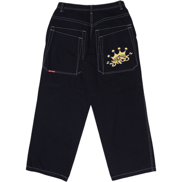 Y2K Mens JNCO Jeans Black Wide Leg Denim Embroidered Tribal Graphic