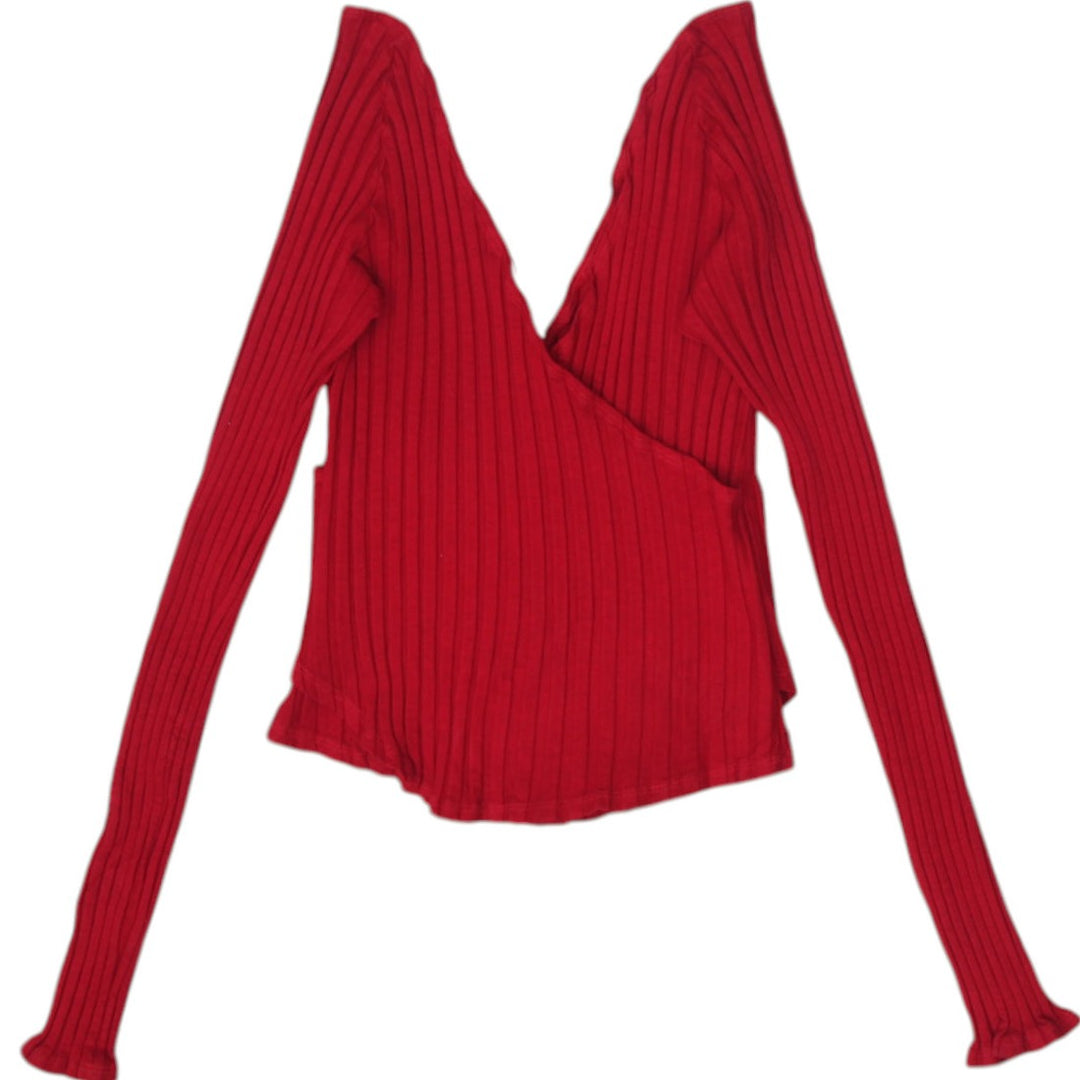 Y2K Ladies Red V-Neck Ribbed Knit Fashion Long Sleeved top Size L | Migration_Knitwear & Sweaters MJ DROP - S | Fashion Rerun