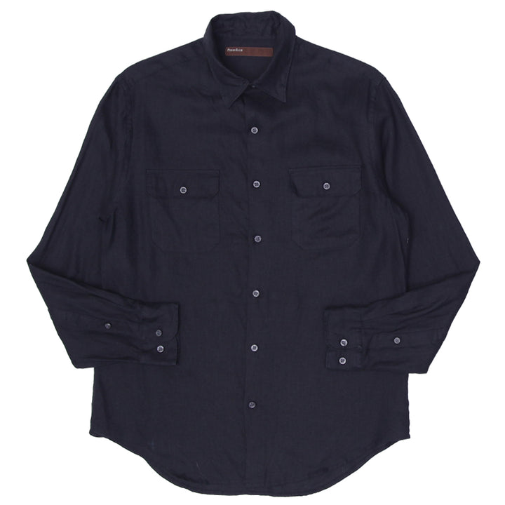Mens Black Perry Ellis 100% Linen Long Sleeve Shirt