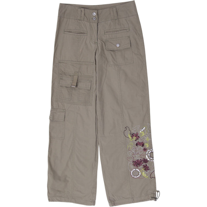 Y2K Ladies Here + There by C&A Cargo Pants Khaki Floral Embroidery Pockets