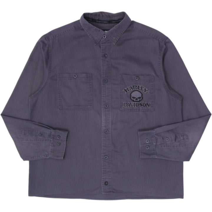 Mens Harley Davidson Shirt Gray Long Sleeve Embroidered Skull