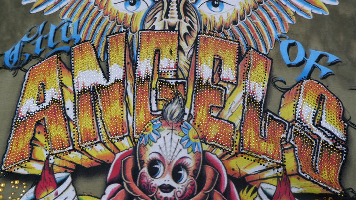 Y2K Mens Christian Audigier Angels Beaded Graphic T-Shirt