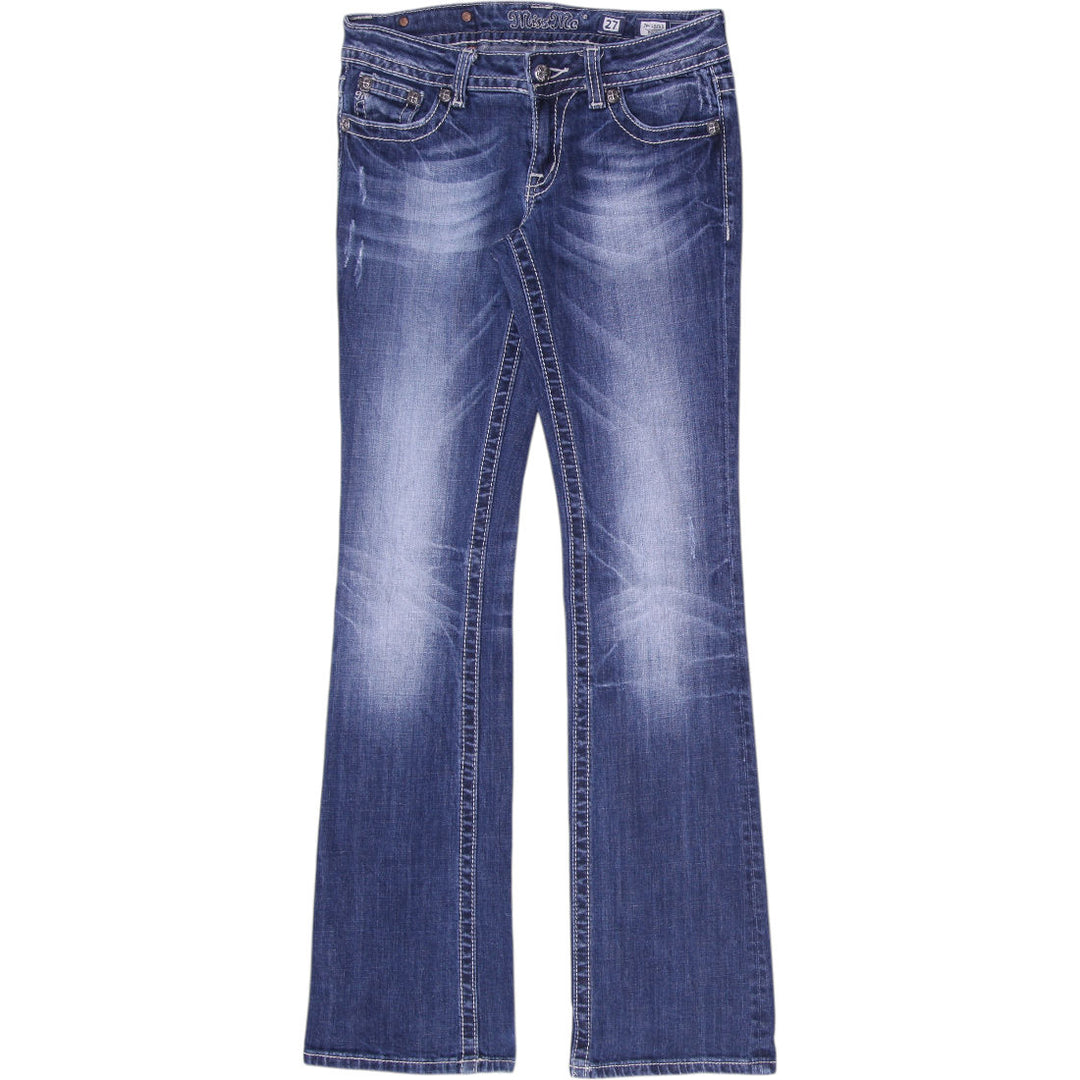 Y2K Ladies Miss Me JW5188B3 Bootcut Jeans Distressed Blue Rhinestone