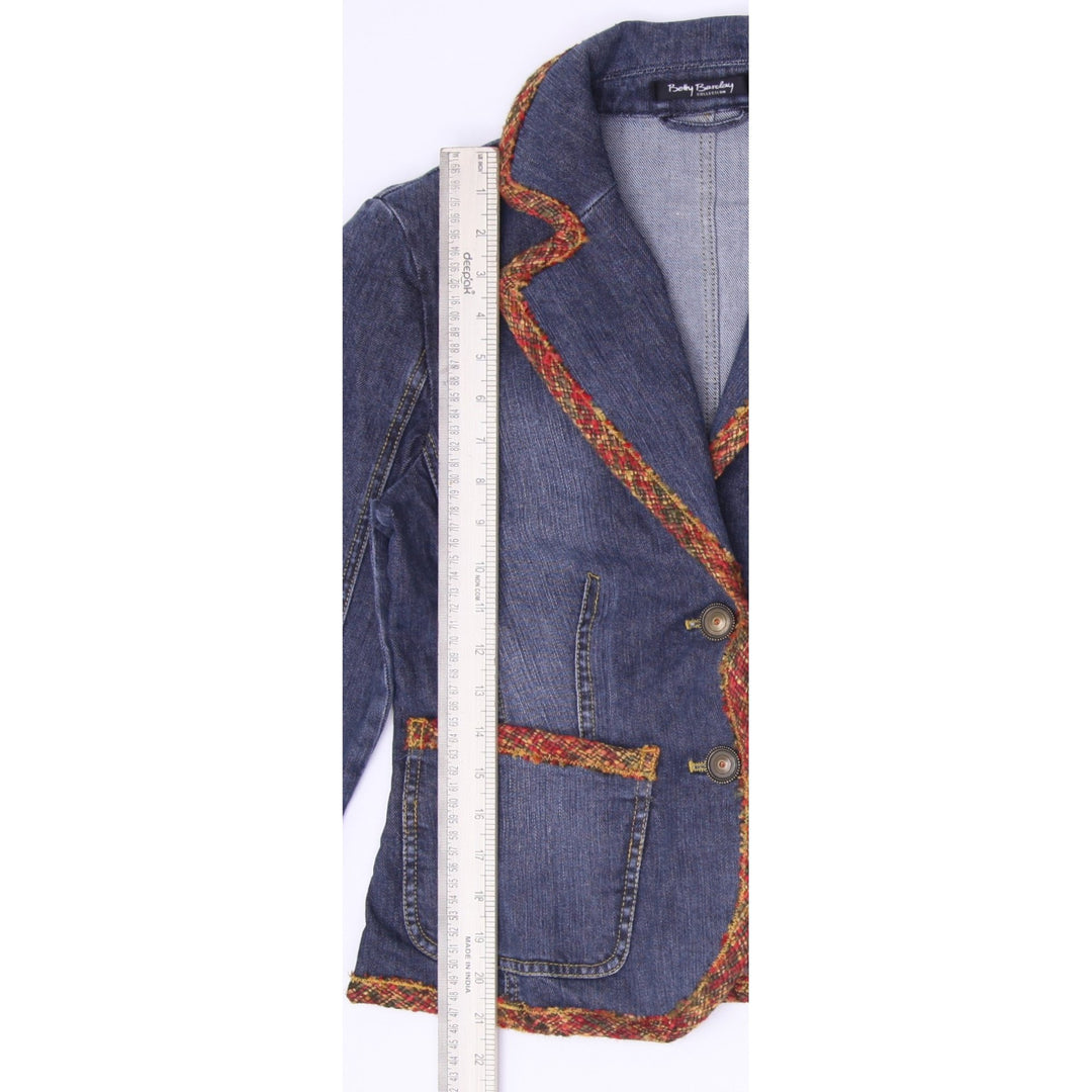 Vintage 90s Ladies Betty Barclay Paisley Boho Tapestry Trim Denim Blazer Jacket