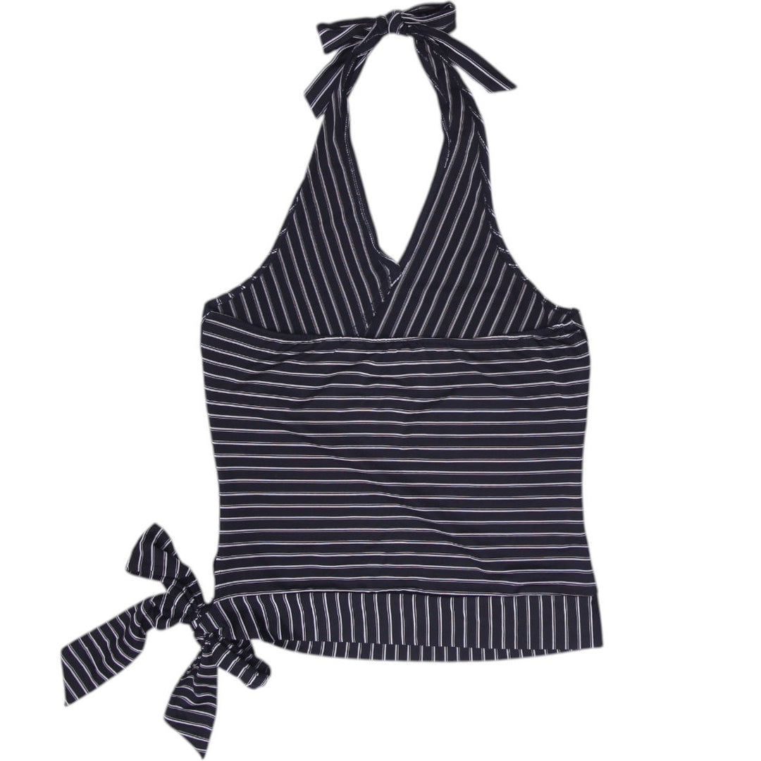 Y2K Ladies Two Roads Pinstripe Wrap Halter Top Office Goth Corporate Core