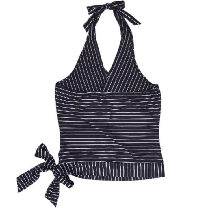 Y2K Ladies Two Roads Pinstripe Wrap Halter Top Office Goth Corporate Core