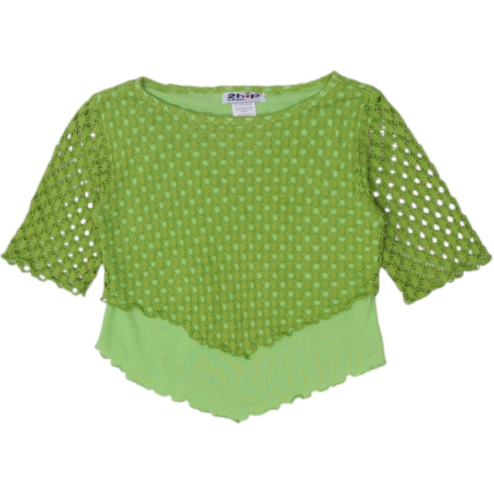 Y2K Ladies Lime Green Layered Crochet Short Sleeve Top Size L | Migration_Y2K Tops | Fashion Rerun