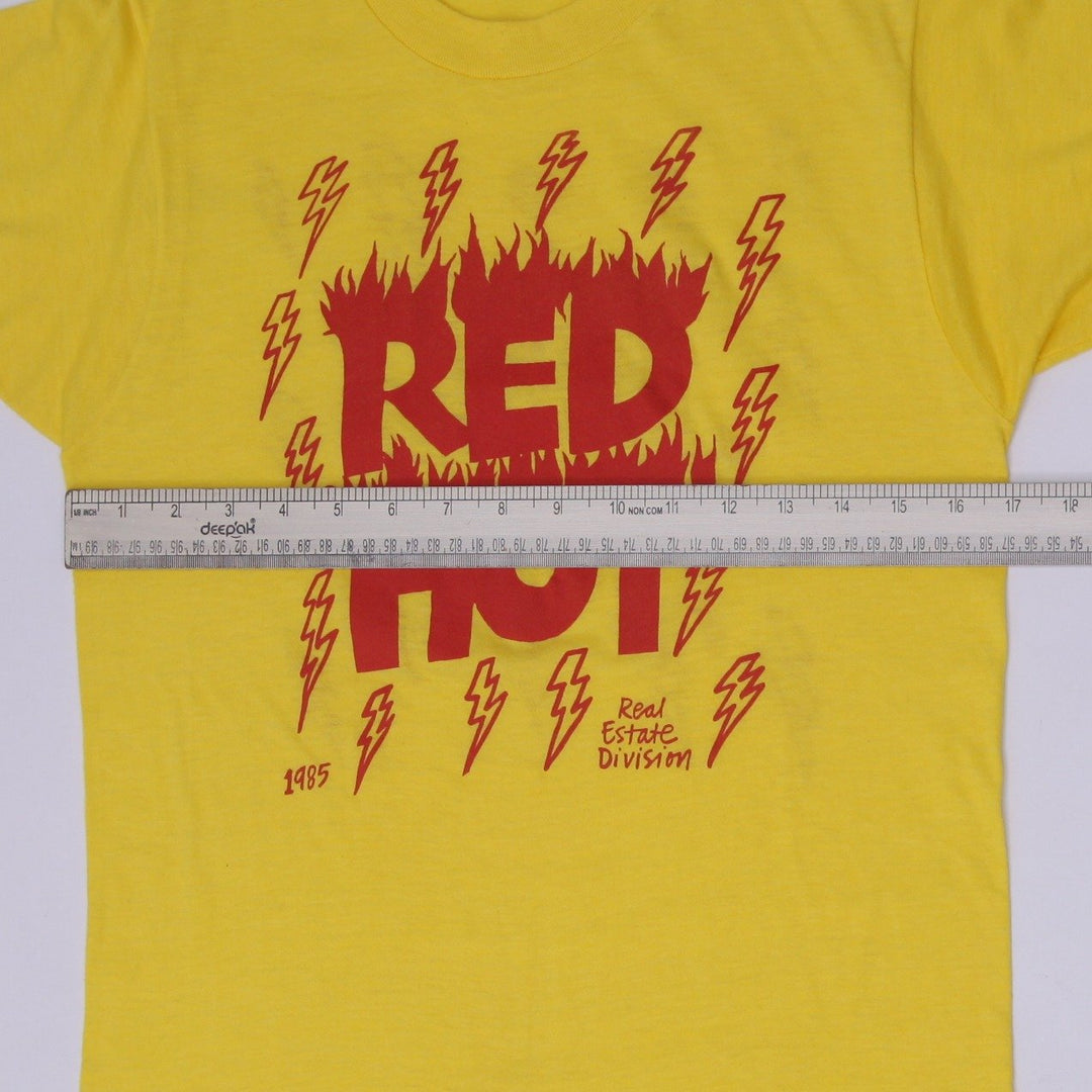 Vintage 1985 Red Hot Real Estate Division Double Sided Lightning Bolt T-Shirt