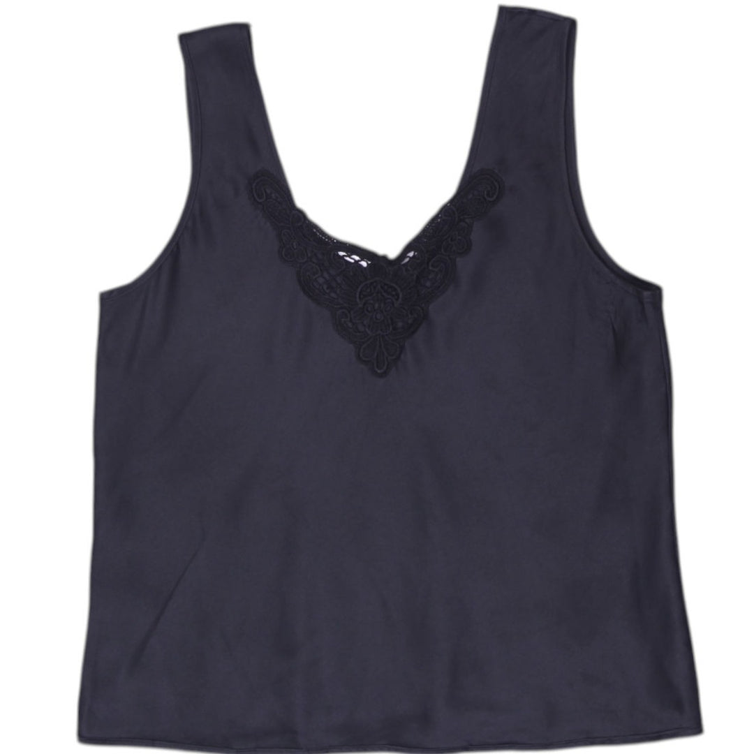 Y2K Ladies Escapades Black Satin Look Lace V-Neck Made in USA Sleeveless Top SM
