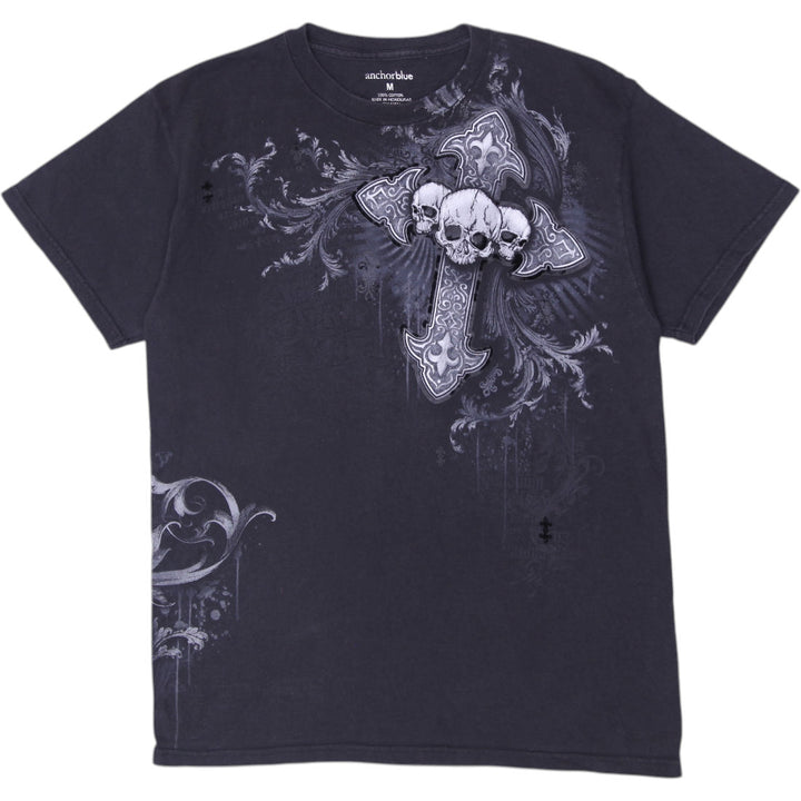 Y2K Mens Anchor Blue Gothic Skull Cross Graphic T-Shirt Size M