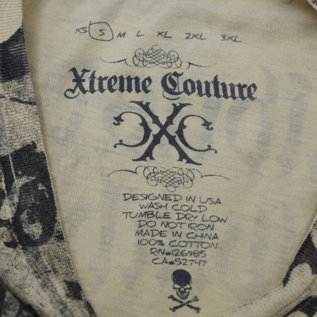 Y2K Mens Xtreme Couture Affliction Skull Snake All Over Print T-Shirt Size S