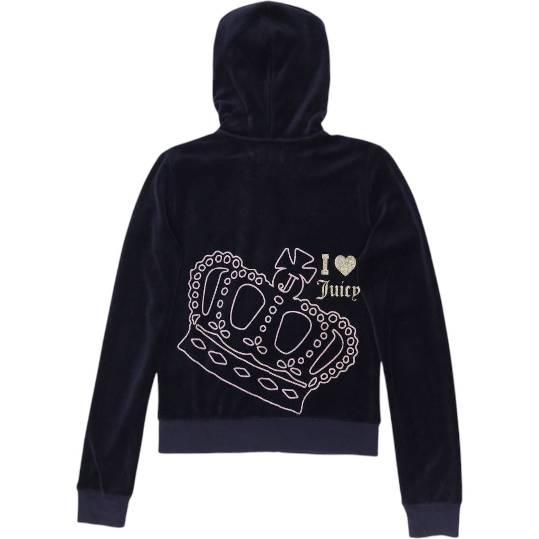 Y2K Ladies Juicy Couture Black Velour Full Zip Crown Graphic Hoodie M