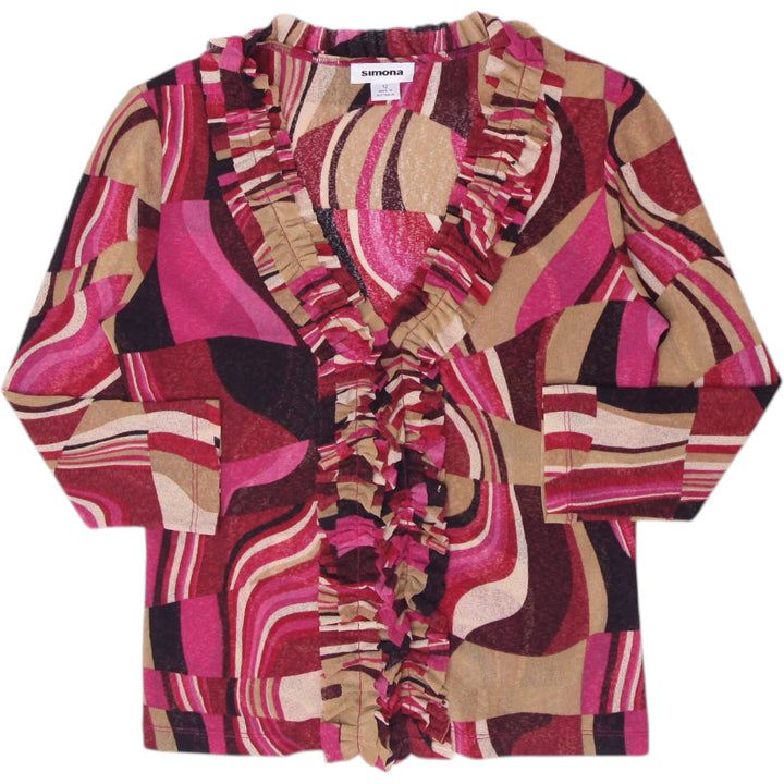Y2K Ladies Simona Australia Designer Psychedelic Print Ruffle Mesh Top