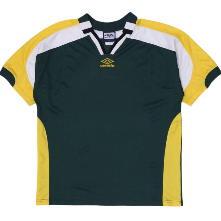 Vintage Mens Umbro Soccer Jersey Green Yellow V Neck Short Sleeve | Migration_Jerseys | Fashion Rerun