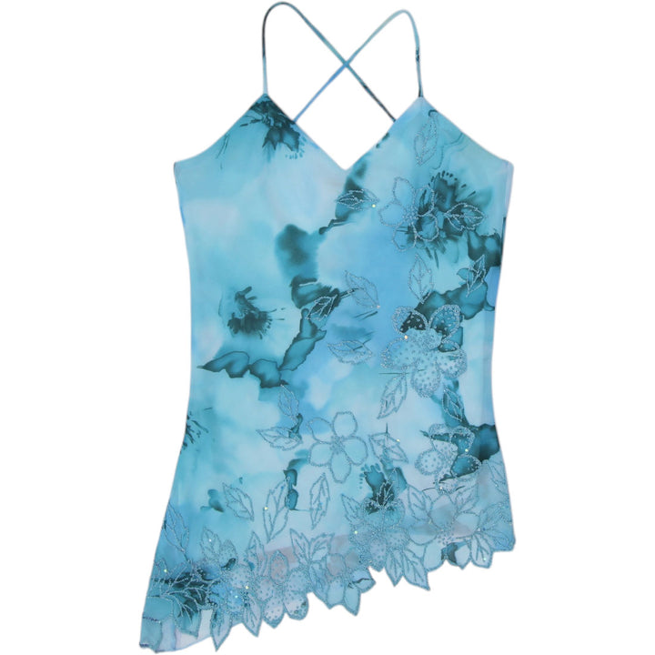 Y2K Ladies Viva You Aqua Blue Floral Mesh Asymmetric Hem Strappy Cami Top Small