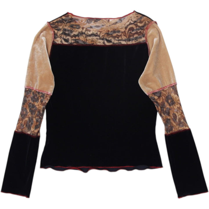 Y2K Ladies Blouse Black Gold Velvet Pattern Long Sleeve Top | Migration_Y2K Tops - Side View | Fashion Rerun