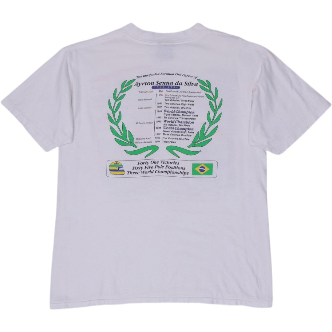 Vintage Mens Oneita Ayrton Senna T-Shirt White Graphic Racing Single Stitch L
