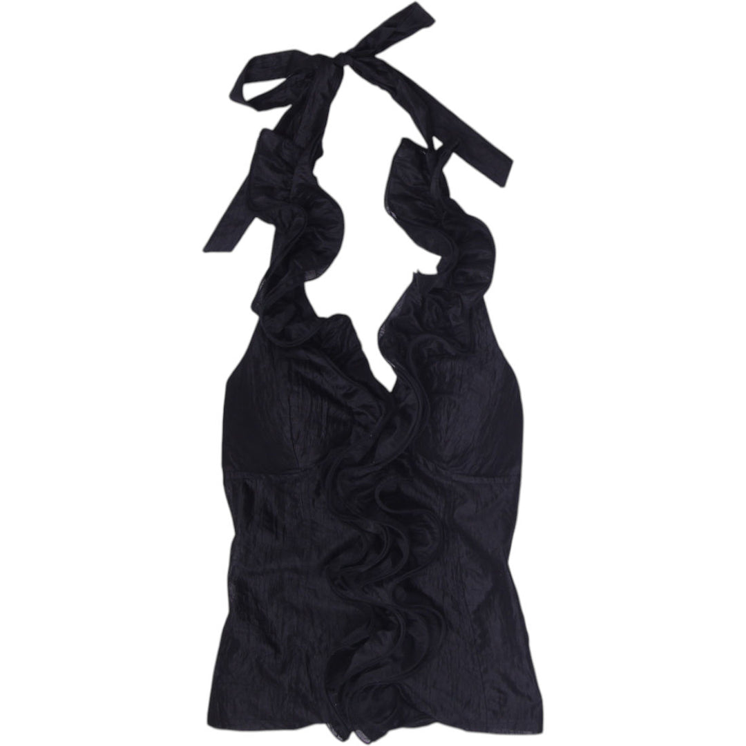 Y2K Ladies Black Halter Top Ruffle Plunge Neck Size M