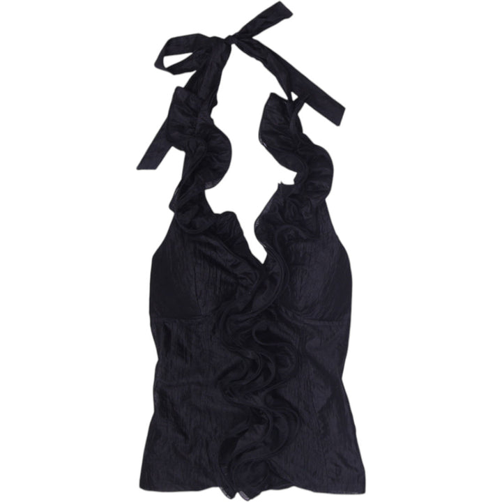 Y2K Ladies Black Halter Top Ruffle Plunge Neck Size M