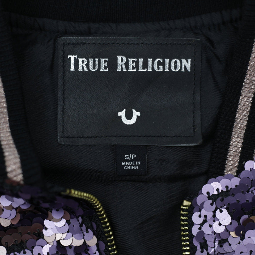 Ladies True Religion Bomber Jacket Multicolor Sequin Design Size S | Migration_Jackets - Back View | Fashion Rerun