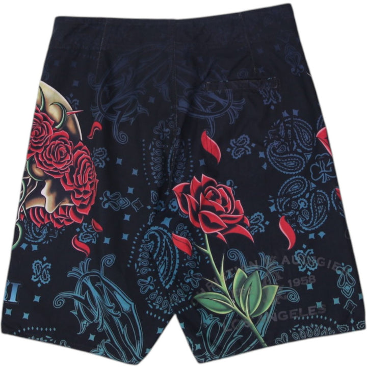 Y2K Mens Christian Audigier Boardshorts Black Skulls Roses Graphic 34