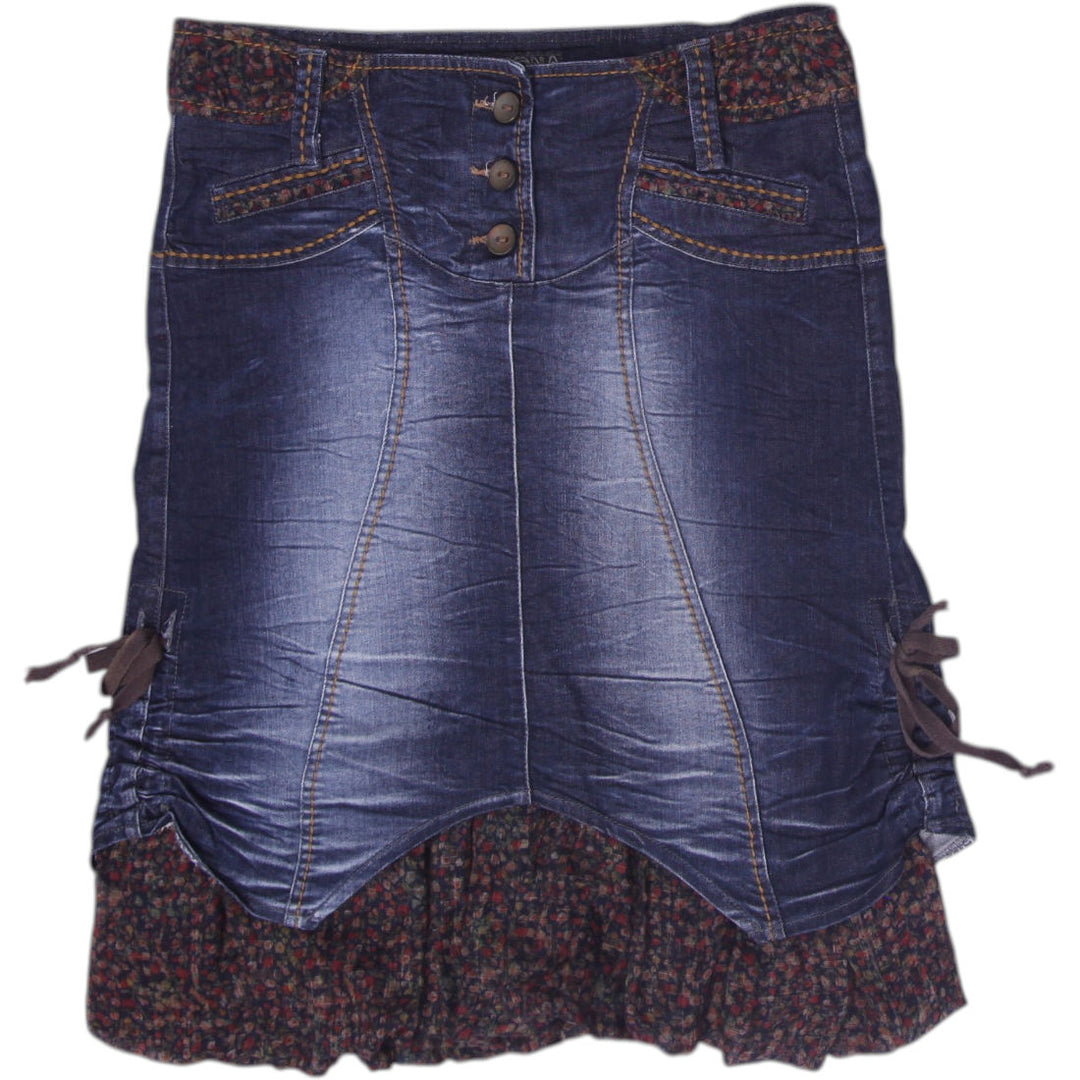 Y2K Ladies Junona Denim Midi Skirt Tiered Floral Ruffle Fairy Grunge Size L