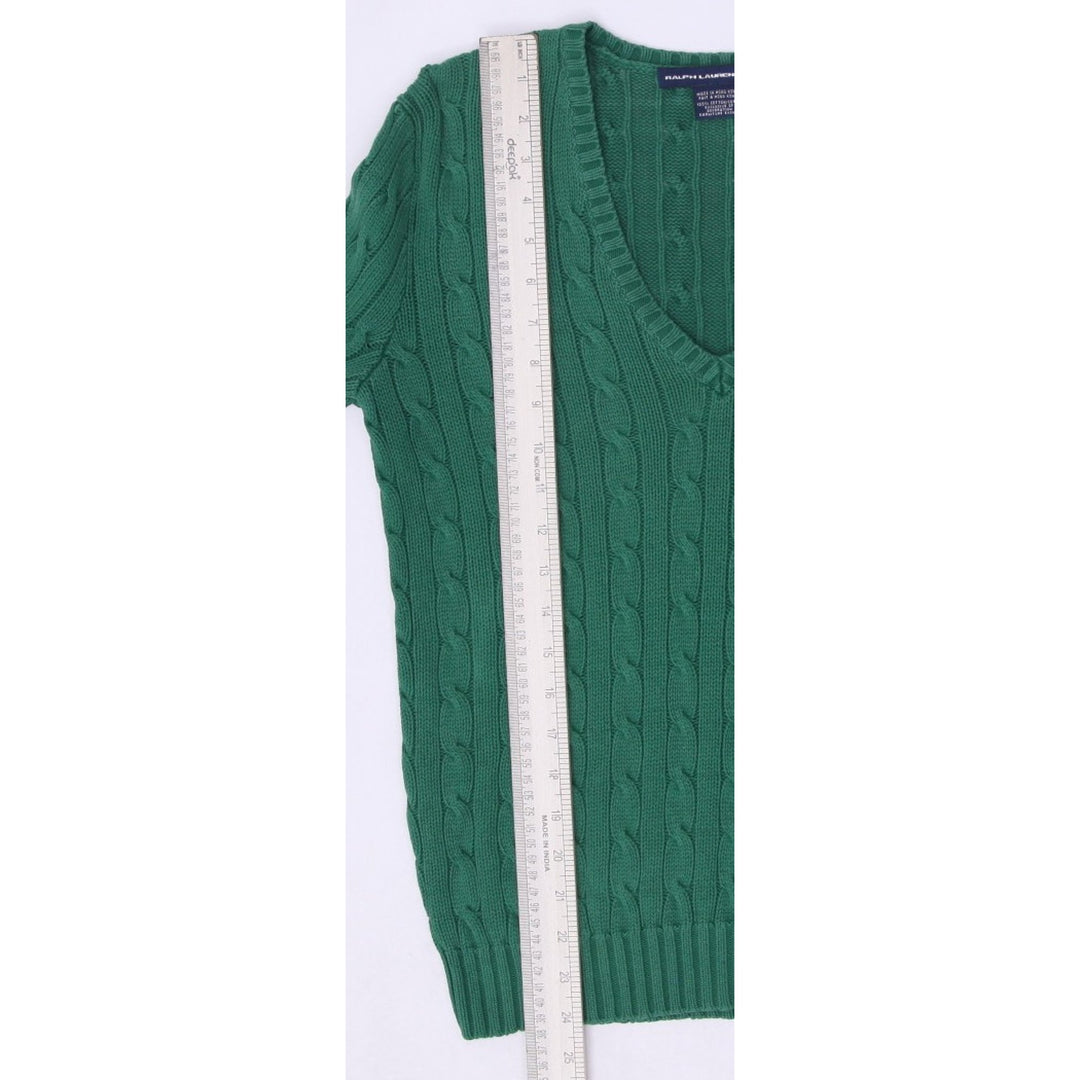 Vintage Ladies Ralph Lauren Sports Green Knit V-Neck Cable Knit Sweater M | Migration_Jumper & Knitwear RL Co | Fashion Rerun