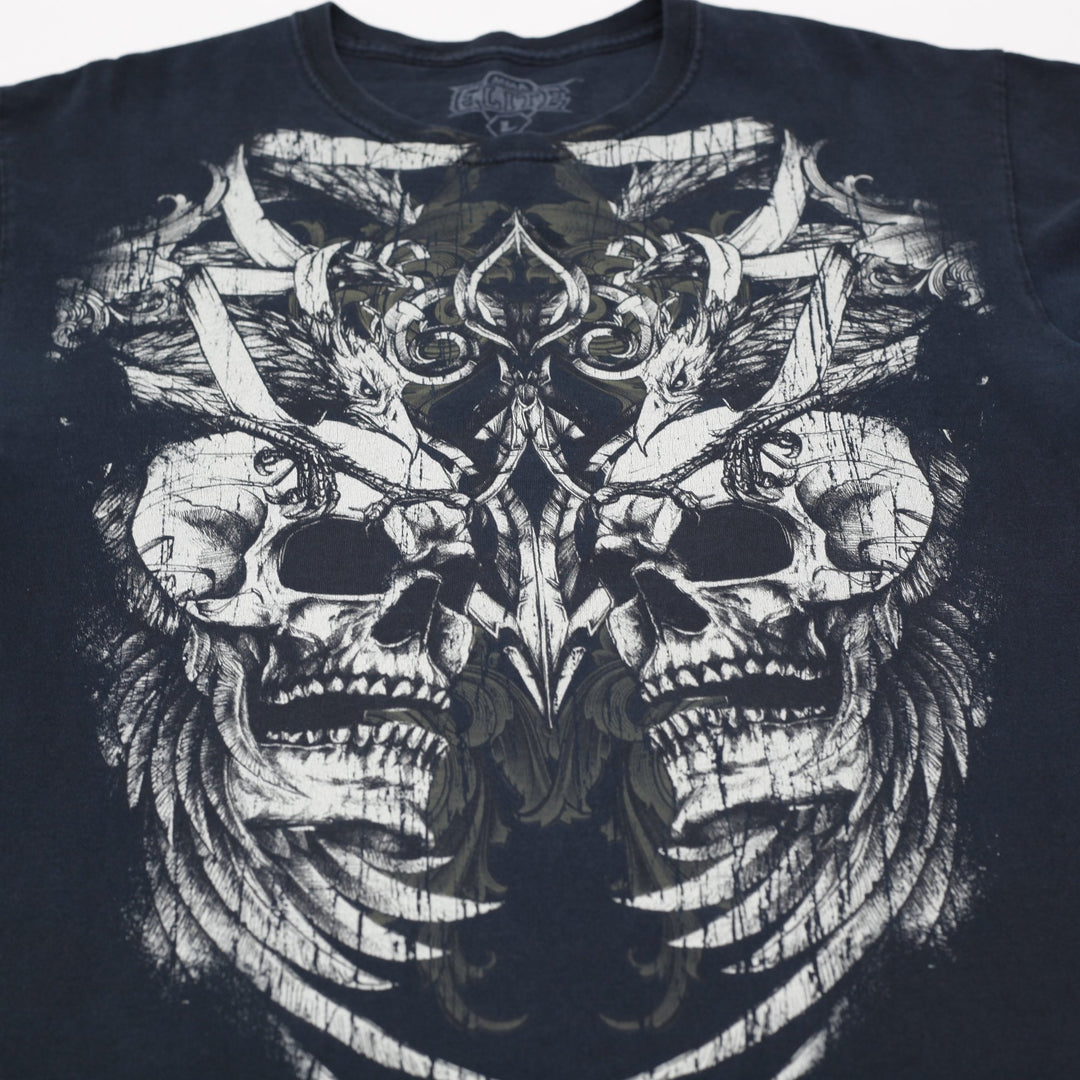 Y2K Mens MMA Elite T-Shirt Black Gothic Skull Graphic Size L