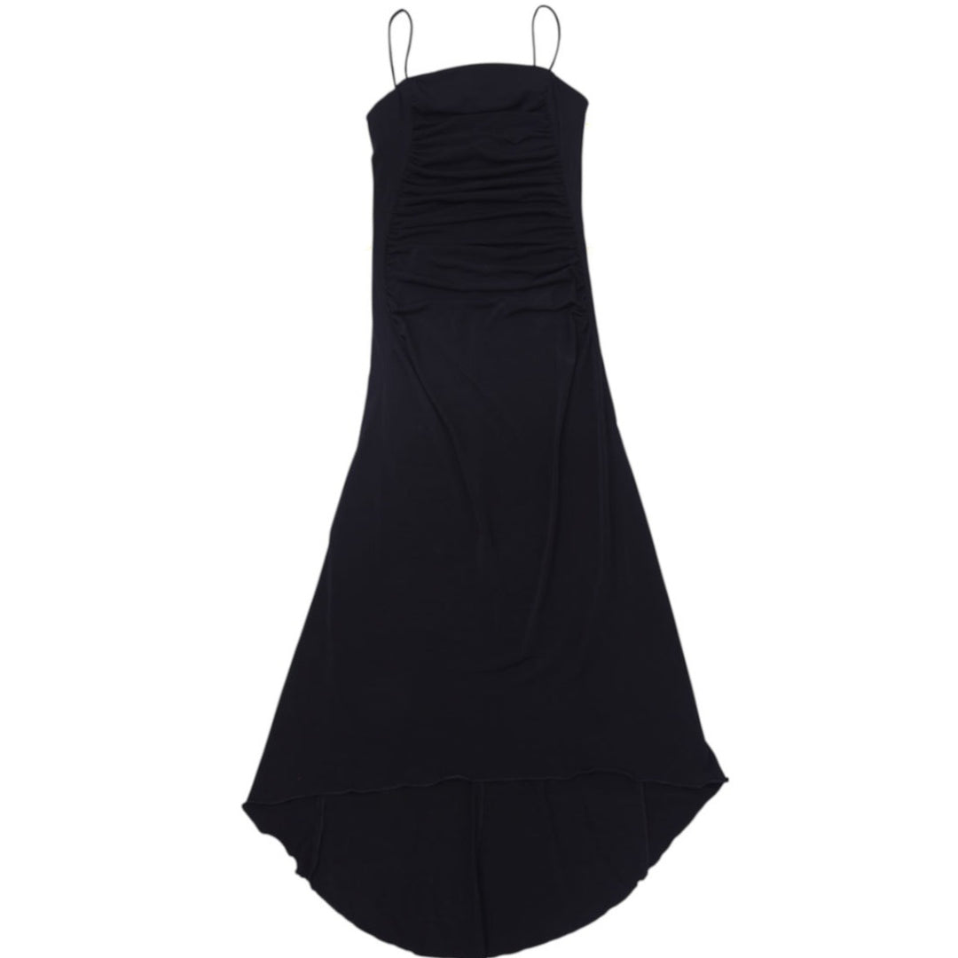 Y2K Ladies Suzy Shier Black Ruched Bodycon Midi Dress Spaghetti Straps