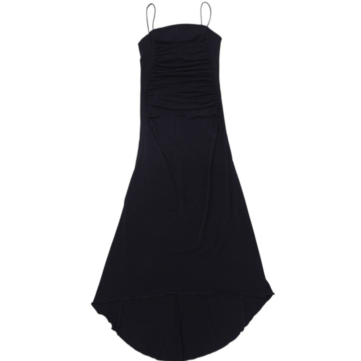 Y2K Ladies Suzy Shier Black Ruched Bodycon Midi Dress Spaghetti Straps